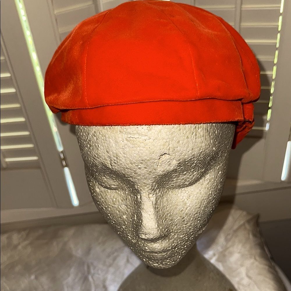 Vintage 60s Tomato Red Velvet Beret with Gold Buckle Detailing